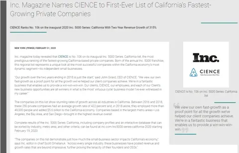 Inc. Magazine Names CIENCE to First-Ever List of California's Fastest-Growing Private Companies