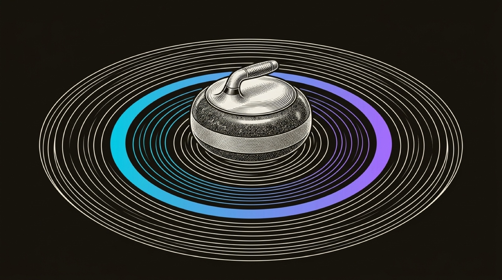Line-engraving of a single curling stone resting dead center on the button, one gradient ring rippling out from it: the account landed.