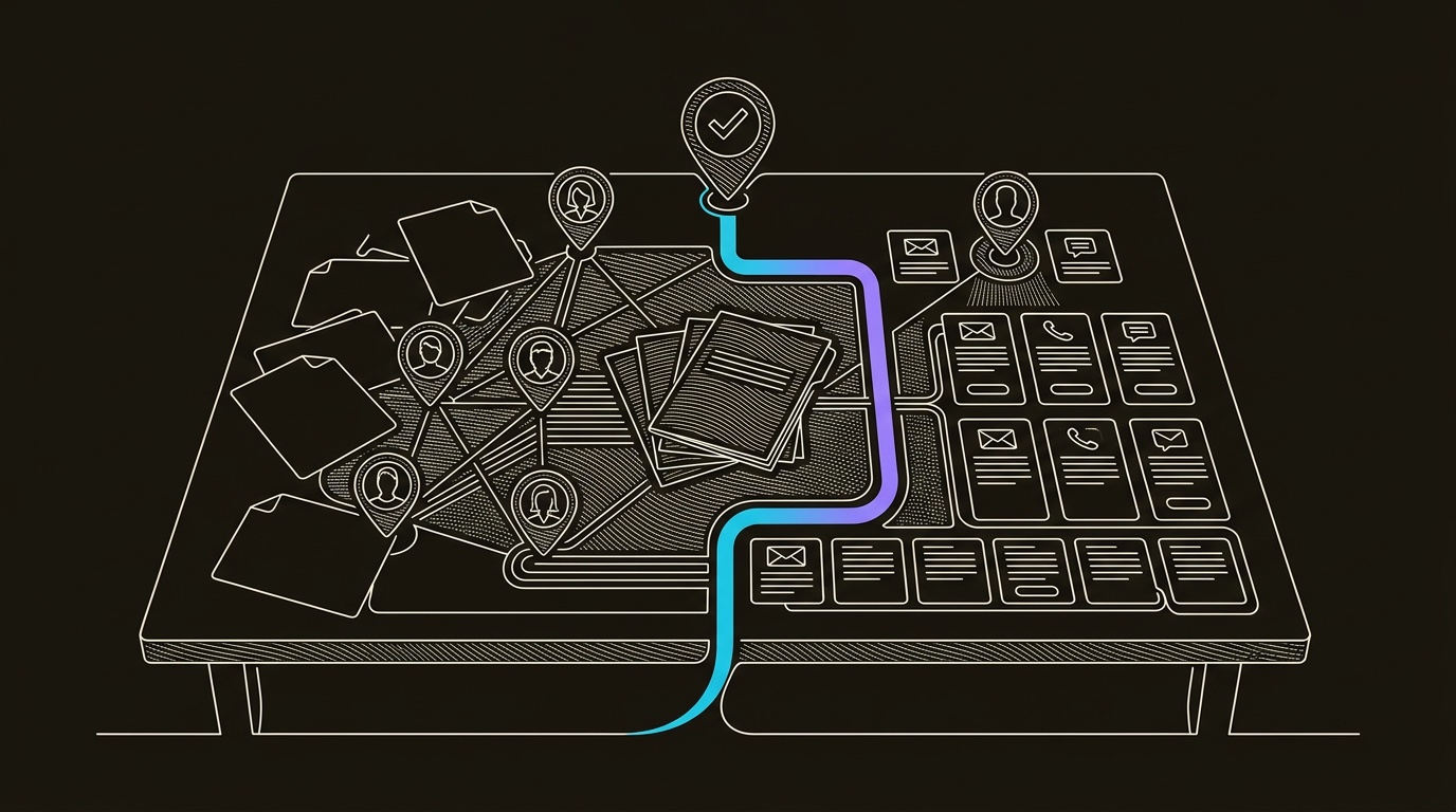 Line-engraving of the account-planning war room table after execution, with blank dossiers sorted into one clean plan and a single cyan-to-violet route landing on the booked meeting marker.