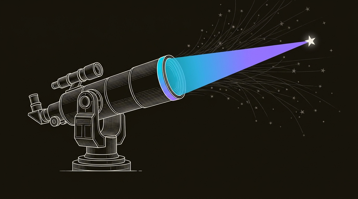 Line-engraving of the observatory telescope aligned on one bright prospect star, a single cyan-to-violet beam reaching the mark while faint stars recede: the AI prospecting system focused into one usable next action.