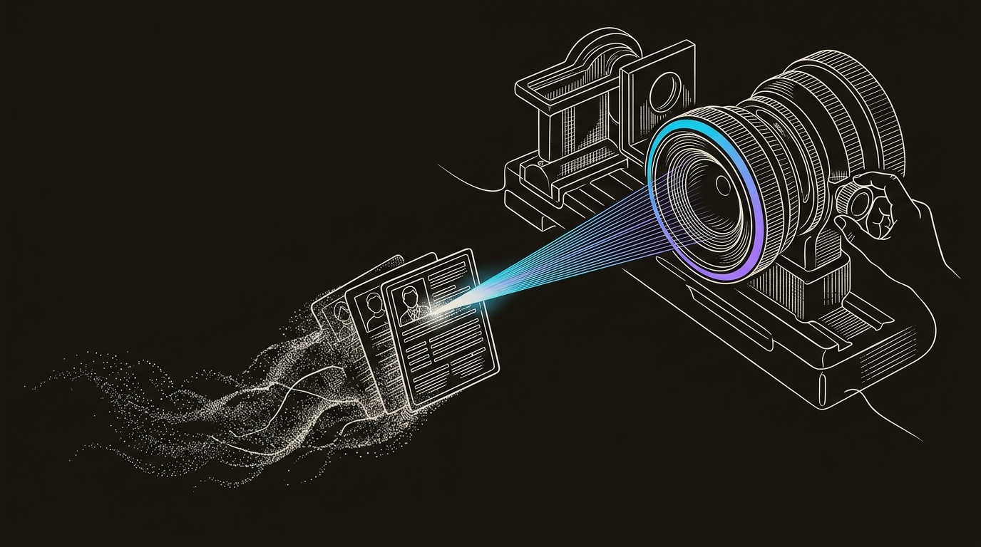 Line-engraving of the final lens on an optical bench projecting one focused cyan-to-violet beam onto a precise buyer profile card while a hand adjusts the calibration knob: AI precision paired with human judgment.