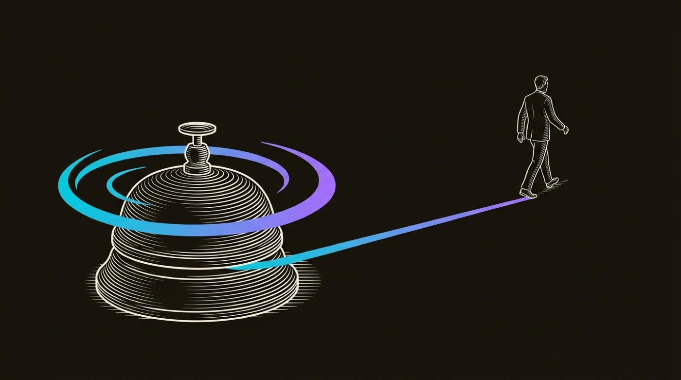 Line-engraving of the desk bell still ringing as one figure turns toward it and steps forward, a single gradient line running from the bell to the answer: the response returned, the meeting set.