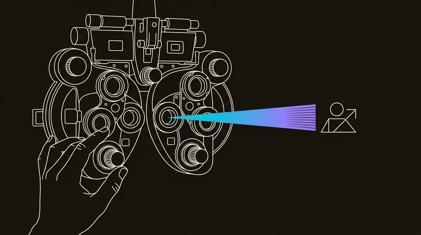 Line-engraving of a human hand adjusting the final phoropter dial as one clean gradient beam exits toward a buyer profile: calibrated AI signal with human judgment still on the instrument.