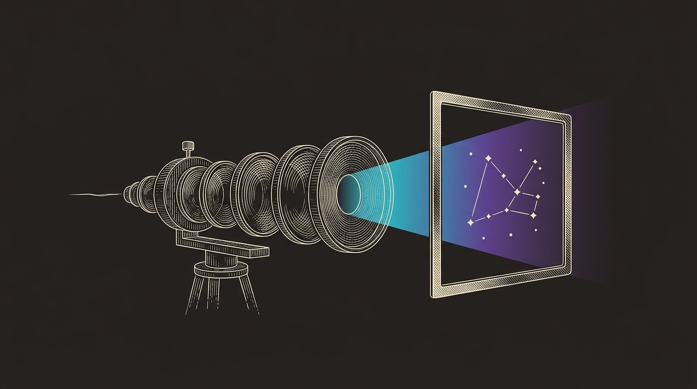 Line-engraving of the observatory lens array fully calibrated, five buyer signals focused into one clean audience constellation inside a brass viewing frame.