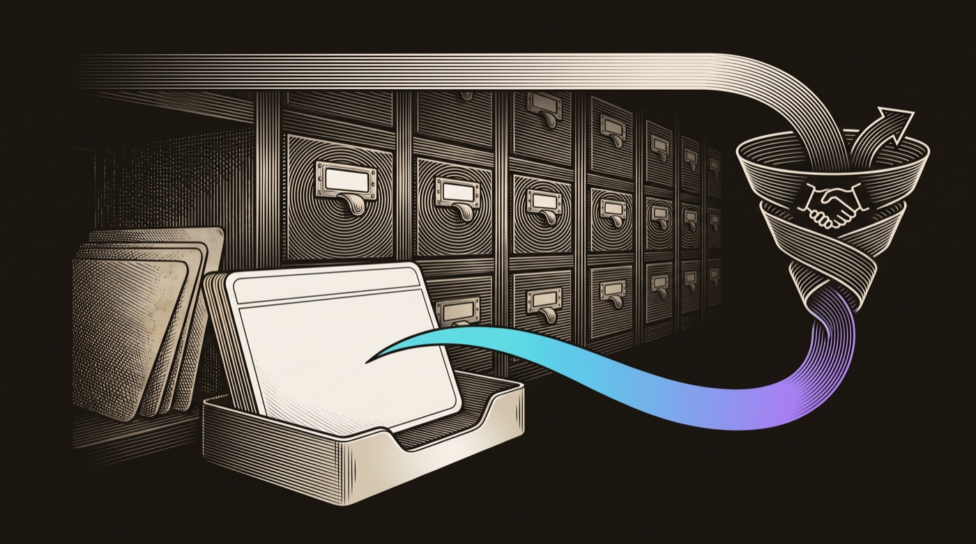 Line-engraving of a hand holding up one clean index card with a gradient signal thread running through it, the vast card catalog faint behind: the one verified record, drawn and read.
