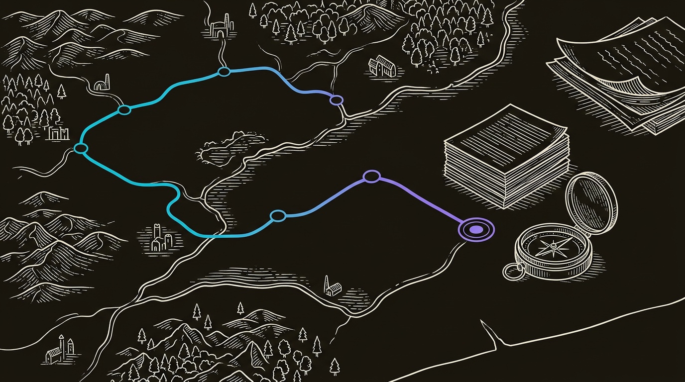 Line-engraving of the completed route map with a gradient path arriving at the decision marker beside a stack of finished content pages and a closed measuring compass: the content strategy plotted, measured, and ready to run.