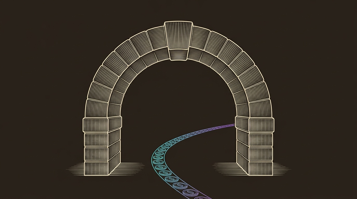 Line-engraving of the completed stone arch with a gradient path of retained account tokens passing through it: loyalty built into renewal, expansion, and referral.