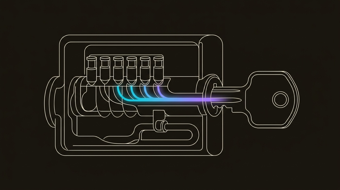 Line-engraving of the same antique pin-tumbler lock fully aligned, the key turned, and one cyan-to-violet signal leaving through the opened channel: disciplined B2B prospecting made ready to run.