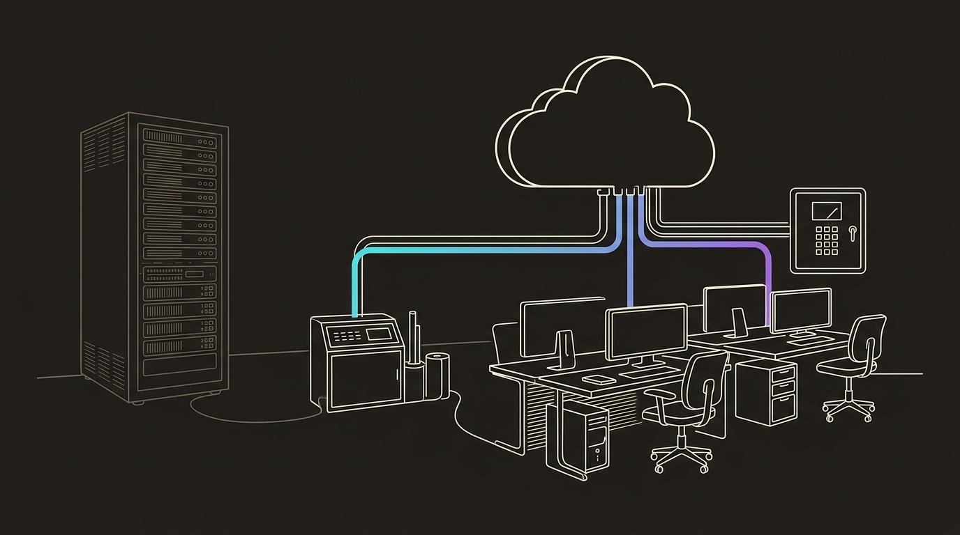 Line-engraving of the cloud utility substation fully powering business workstations while the old server rack sits dark: the shared SaaS grid running the team without owned infrastructure.