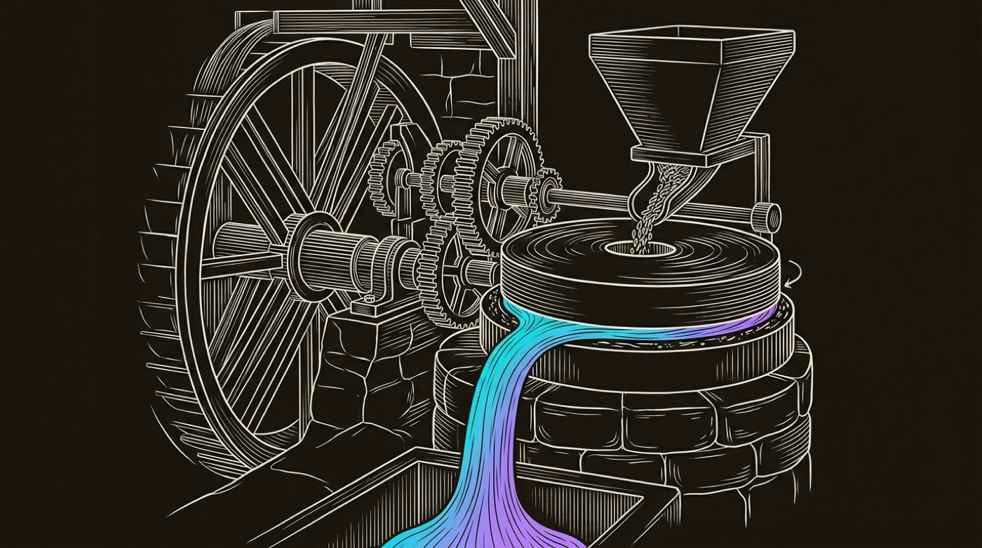 Line-engraving of the waterwheel driving a stone mill, grain in the hopper and one gradient stream of flour pouring out: the steady inbound flow converted into product and pipeline.