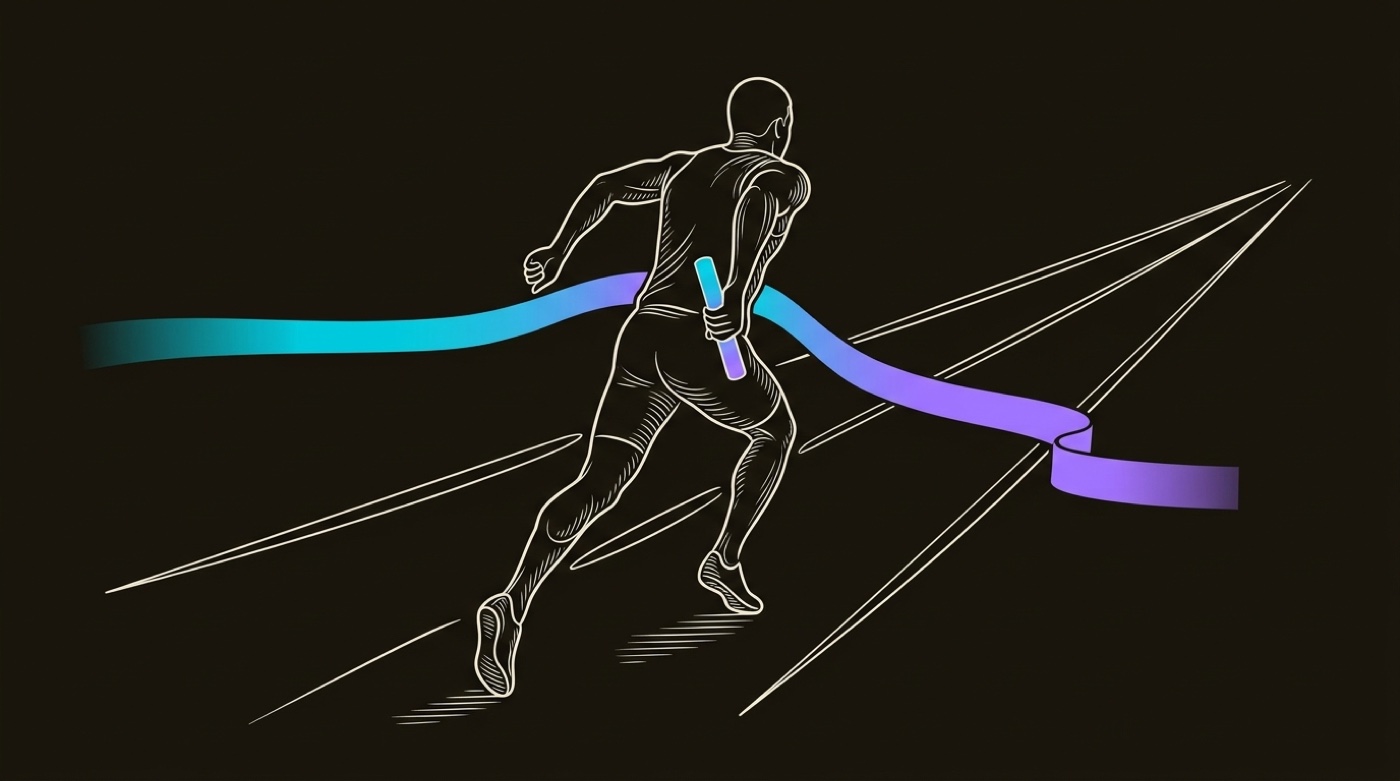 Line-engraving of a runner accelerating away with the baton, the gradient finish tape crossing behind: the pipeline handed off and the outcome delivered.