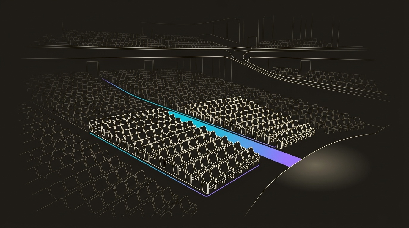 Line-engraving of a grand concert hall seating chart after targeting is complete, with only the correct reserved seats lit and one cyan-to-violet aisle connecting them to the stage.