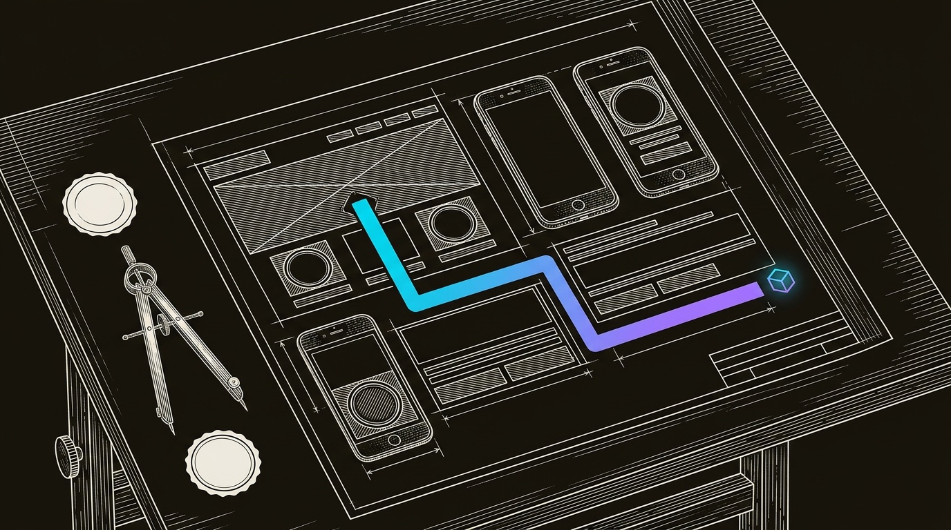 Line-engraving of the completed B2B website blueprint on an architect's table, one gradient path ending at a glowing geometric conversion marker.