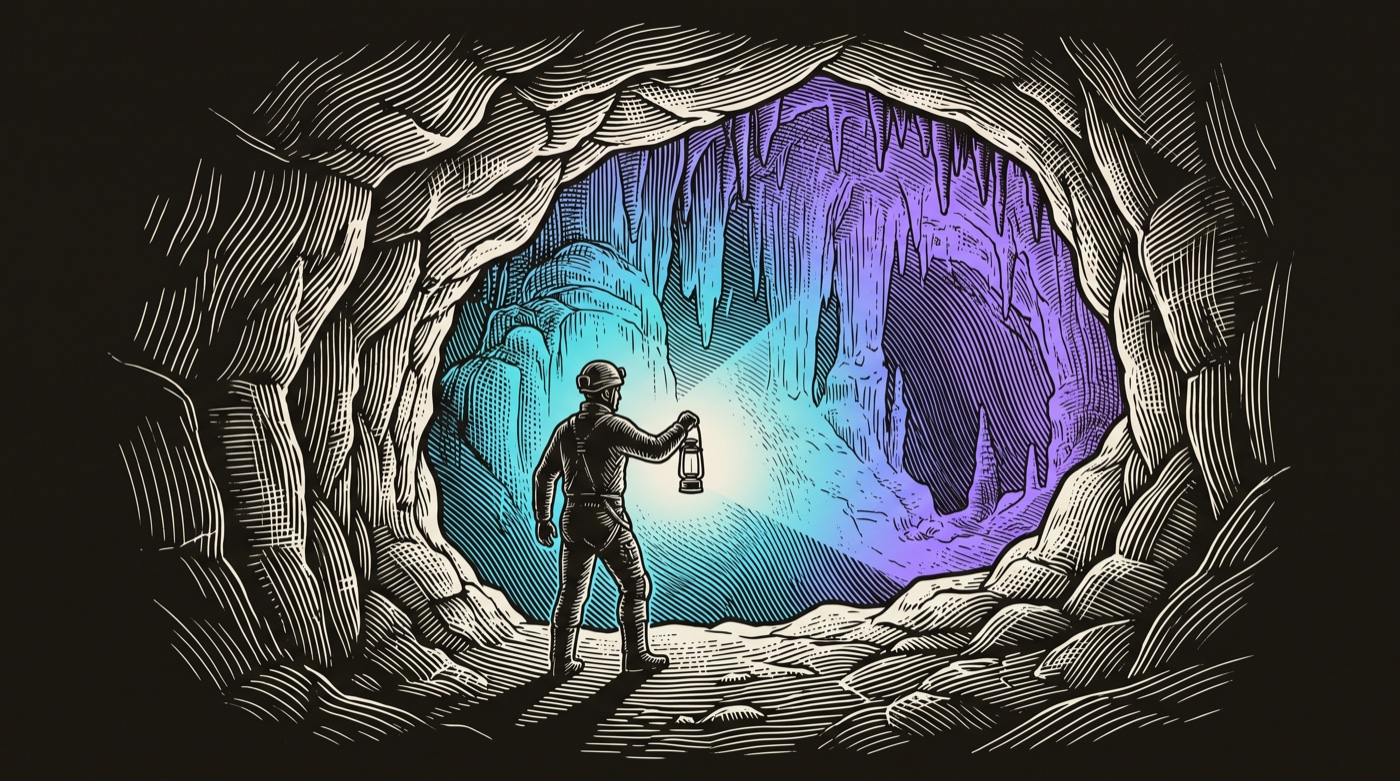 Line-engraving of a hand holding up one small vial of bright gradient-lit essence, the spent botanicals faint below: the whole raw list distilled to one live record.