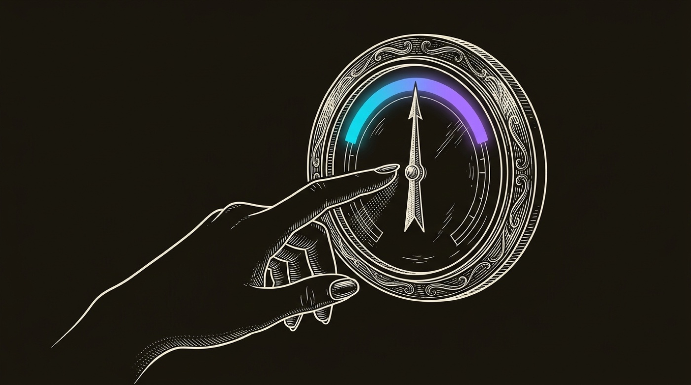 Line-engraving of a hand tapping the barometer glass as the needle settles at the top of its arc, the gradient bright: the buying window, called.