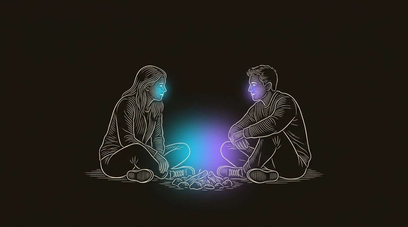 Line-engraving of two people talking closely by the glowing embers of a fire, one gradient warmth between them: the relationship made, the prospect a friend first.