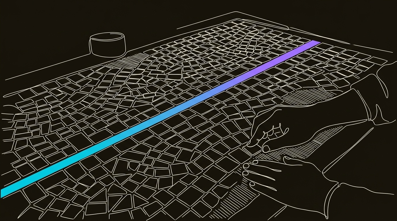 Line-engraving of a completed mosaic workshop table where the final tile is being set into one coherent brand pattern, with a cyan-to-violet band running cleanly across the finished surface.