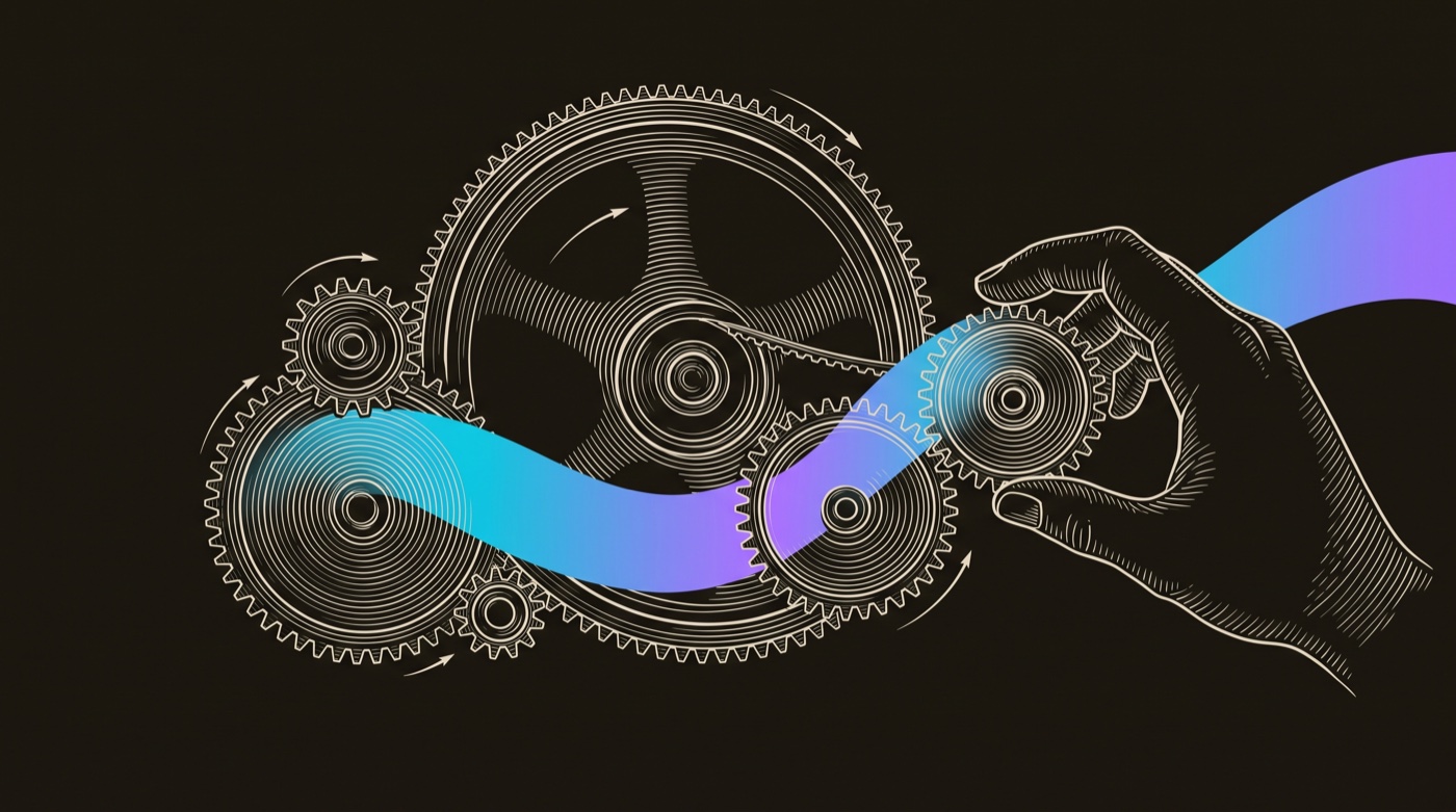 Line-engraving of a single hand seating the last gear, the whole gear train and flywheel coming alive as one system, a gradient belt threading through it.