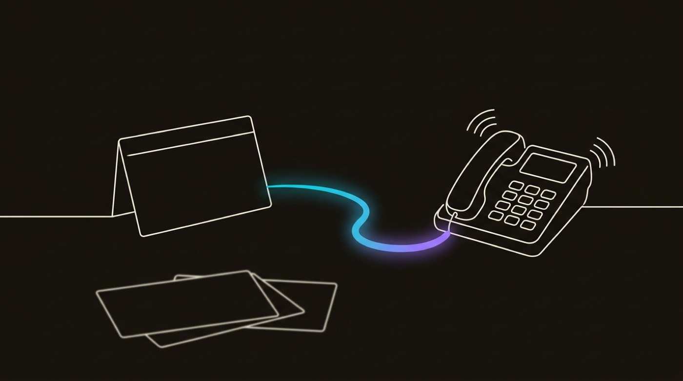 Line-engraving of one verified card connected by a single gradient line to a ringing phone, discarded blank cards set aside: the one good lead becoming one real conversation.