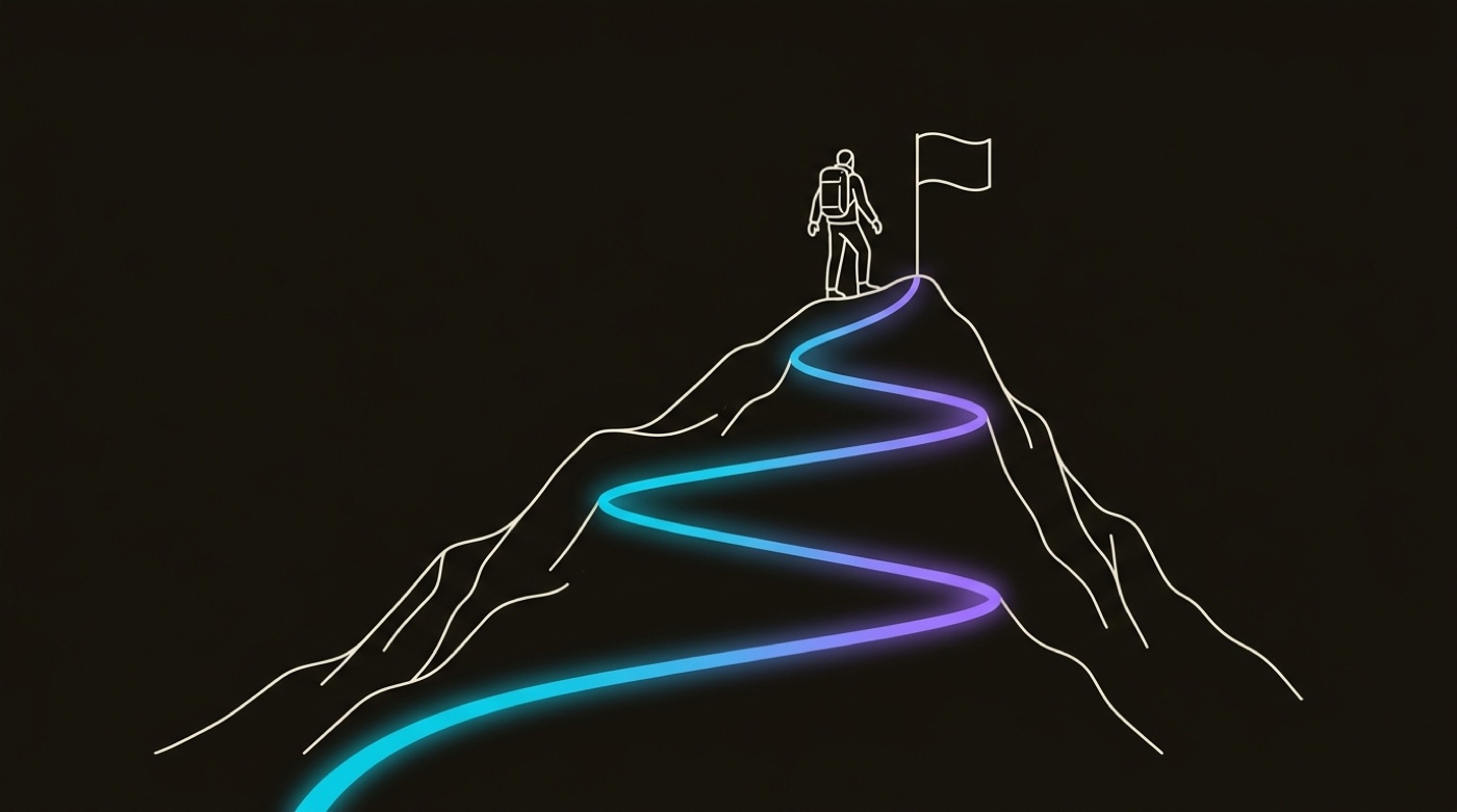 Line-engraving of a climber standing at the summit beside a planted flag, the gradient switchback trail complete below: the journey run, the decision reached, the deal won.