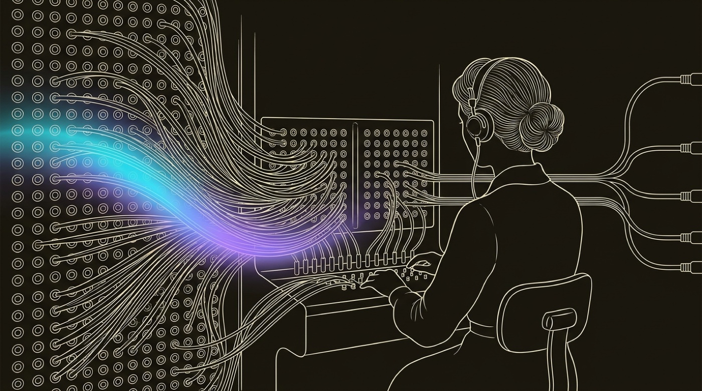 Line-engraving of a switchboard operator patching many converging lines into single connections: identity resolution.