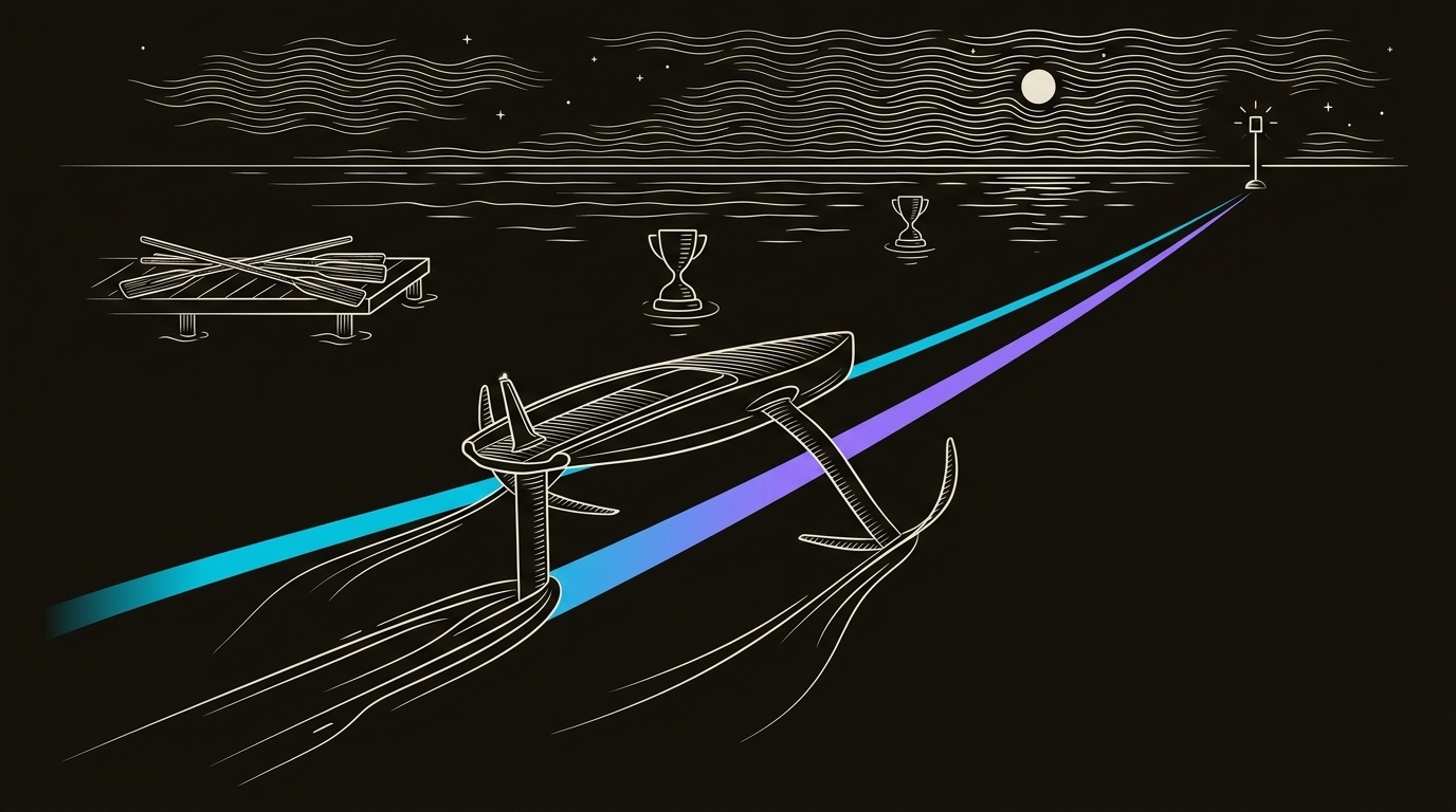 Line-engraving of the rebuilt regatta system complete: a sleek hydrofoil leaves the old oars and trophy buoys behind on one clean gradient wake toward a meeting marker.
