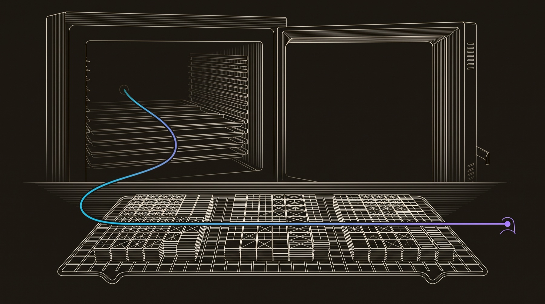 Line-engraving of finished persona-ready data tablets cooling after the record kiln firing, one cyan-to-violet line running from the fired records into a campaign handoff path.