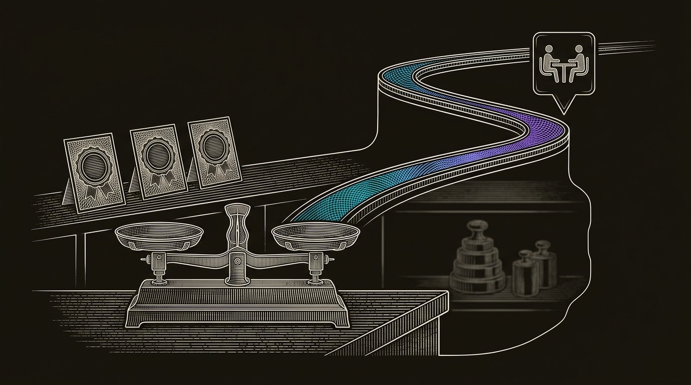 Line-engraving of a standards laboratory after the decision, with the balance level and one signal leaving through a clean graph8 pipeline rail.