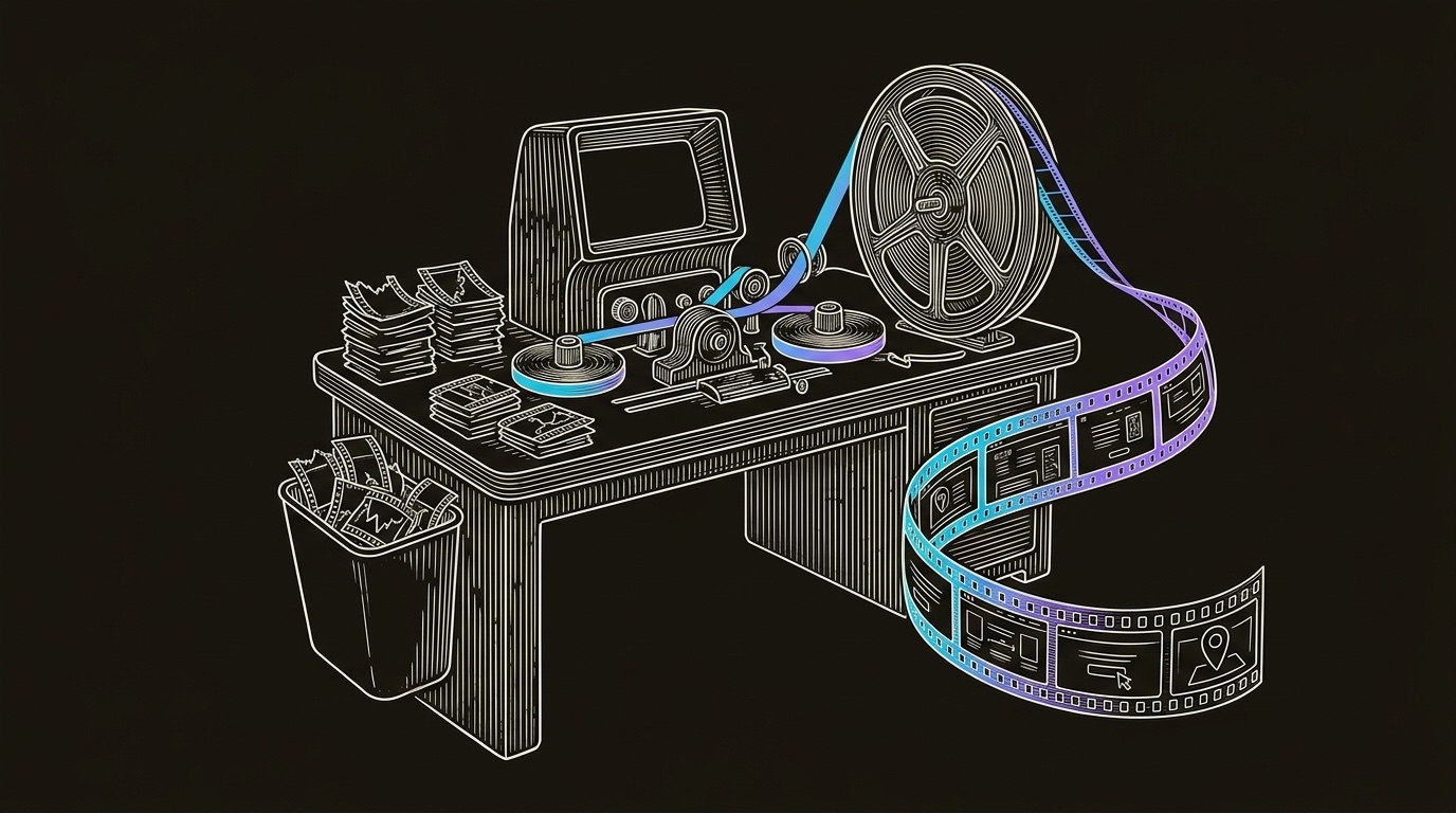 Line-engraving of an antique film editing bench after review, with discarded friction frames set aside and one clean cyan-to-violet reel running from visitor journey to conversion path.
