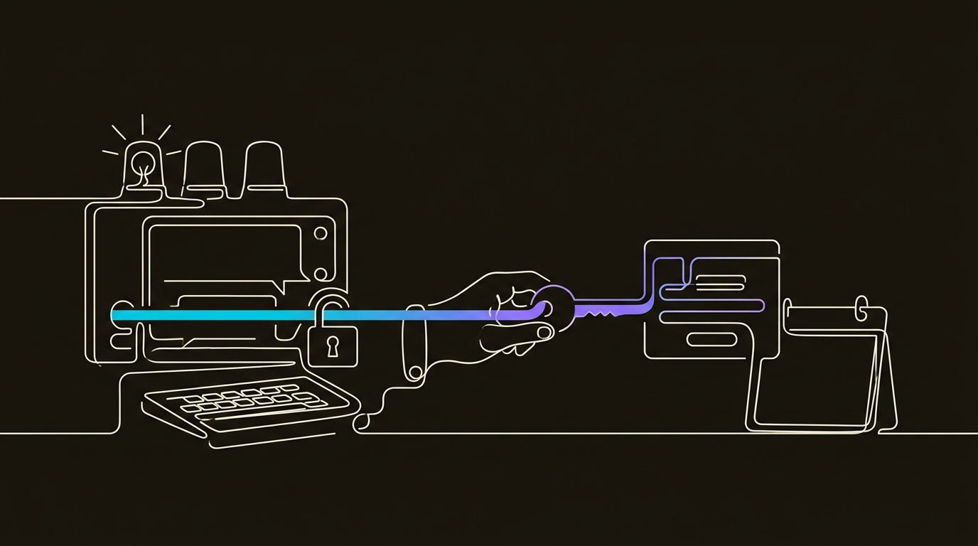 Line-engraving of the same all-night chat radio room at dawn with visitor signal lamps calm and one cyan-to-violet line locked from the chat receiver through the human handoff key into a booked-meeting card.