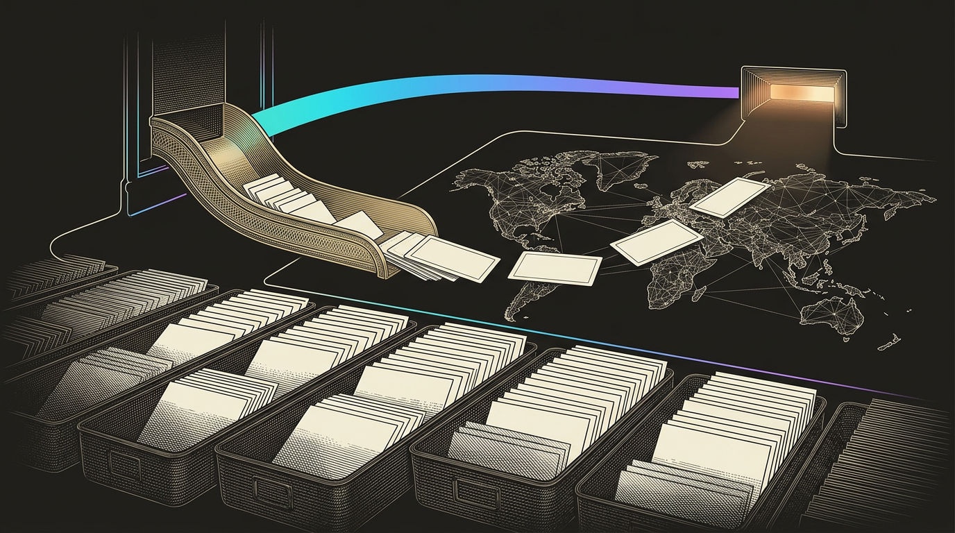 Line-engraving of the sorting station after selection, unchosen cards resting in trays while a small verified stack rides the gradient line to one lit delivery slot on a map: wasted impressions removed before the bid.