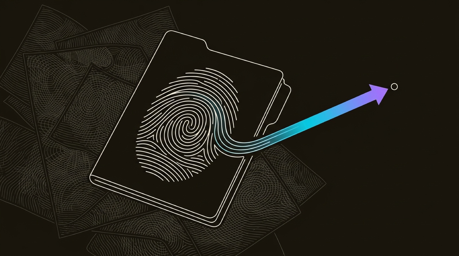 Line-engraving of a clean company fingerprint on a case file resolving into one gradient route arrow: the in-market account lifted from the research trail.