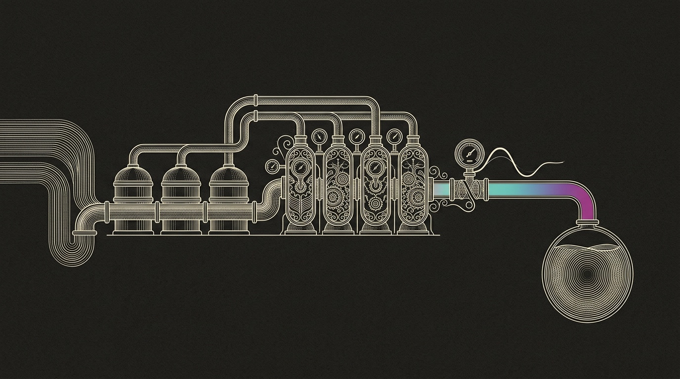 Line-engraving of the signal refinery after the system is running, with three intake vats and five aligned chambers feeding one clean measured pipeline output.