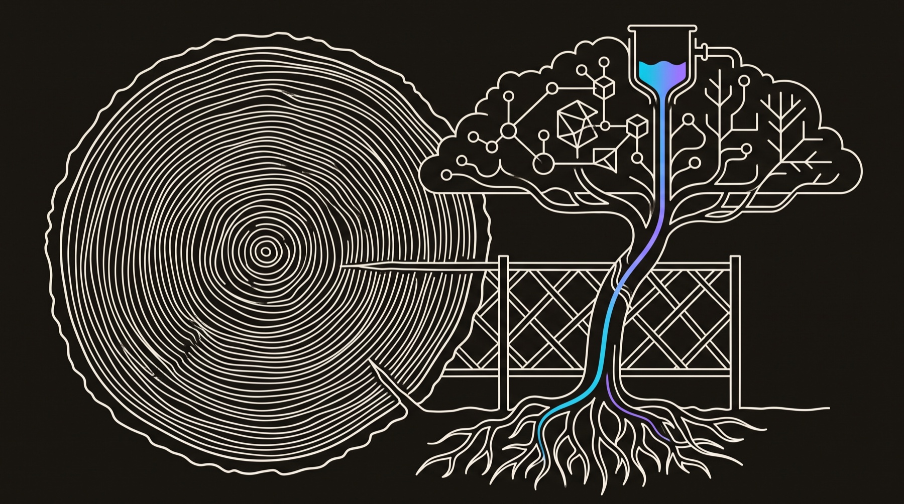 Line-engraving of the completed grafted orchard system: the old growth-ring record archived behind a living engineered trellis, with one cyan-to-violet signal vein carrying output toward a pipeline reservoir.