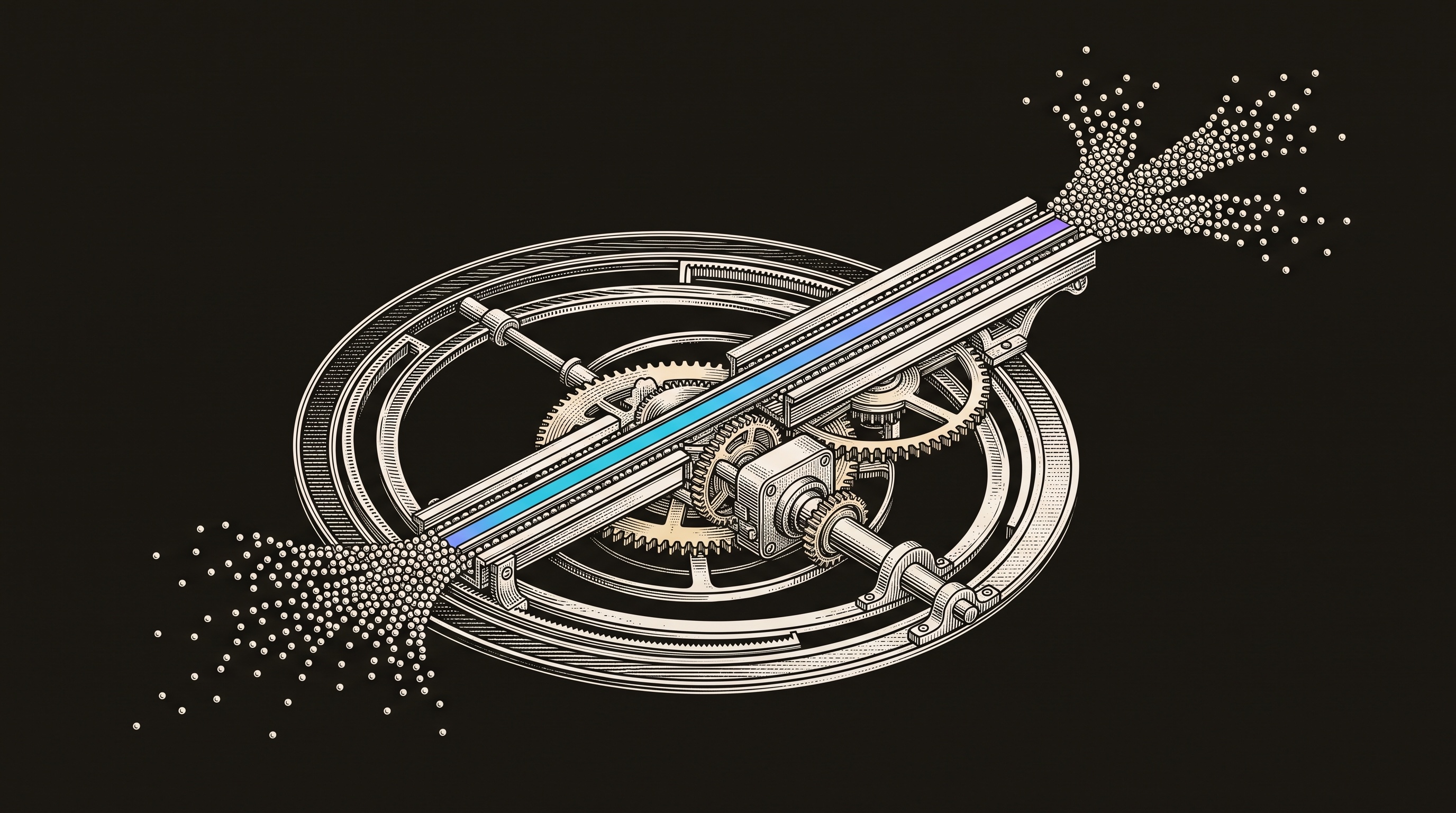 Line-engraving of the same mechanical orrery refit so thousands of service-provider beads feed one clean signal rail into a finished graph8 GTM control module.