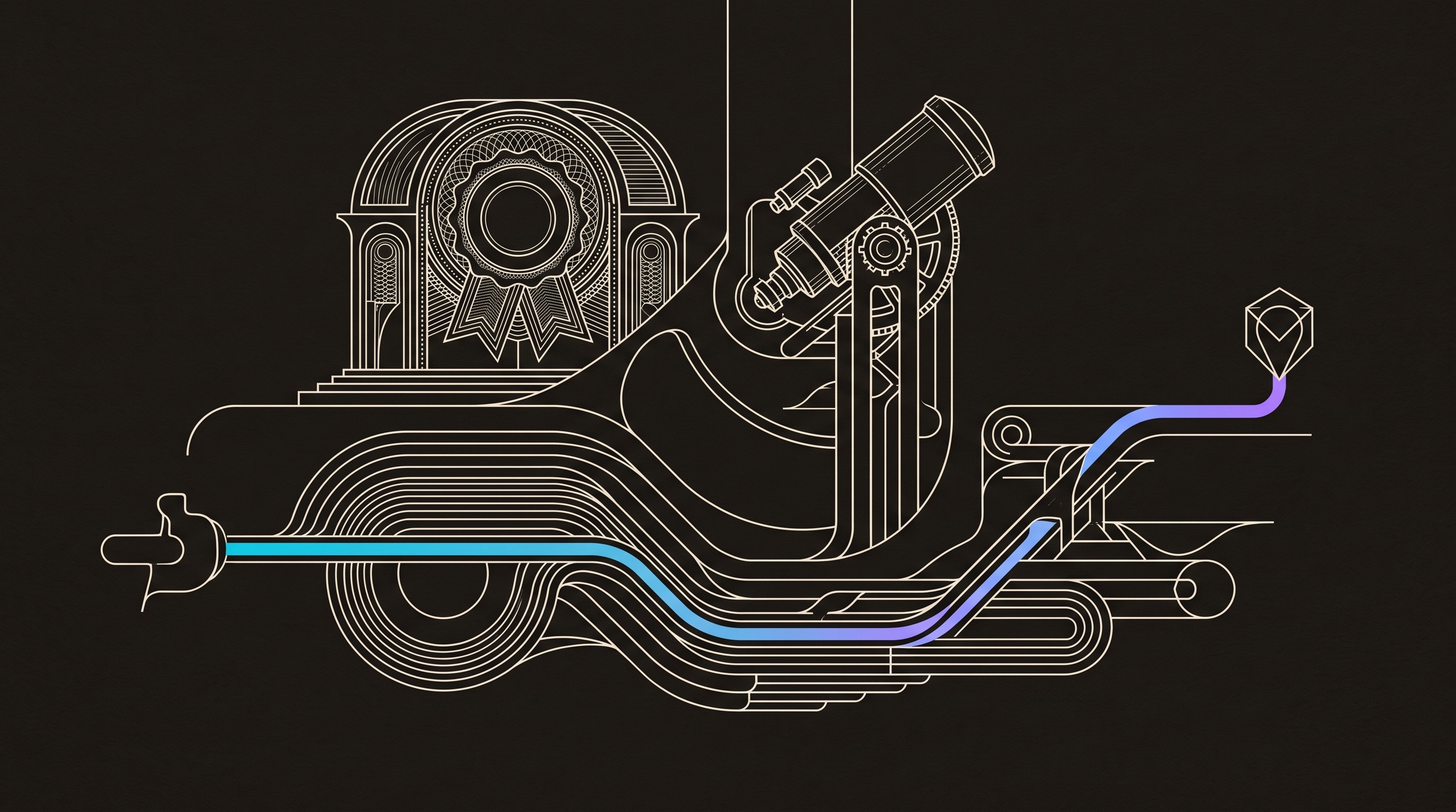 Line-engraving of the review observatory after the rebuild, with the award seal archived and one clean gradient route running through an engineered GTM rail to a booked-meeting marker.