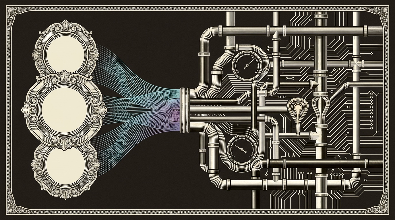 Line-engraving of three blank award medallions archived as proof tokens, sending one cyan-to-violet signal band into a finished GTM operating grid of pipes, circuit traces, gauges, and a lit meeting marker.