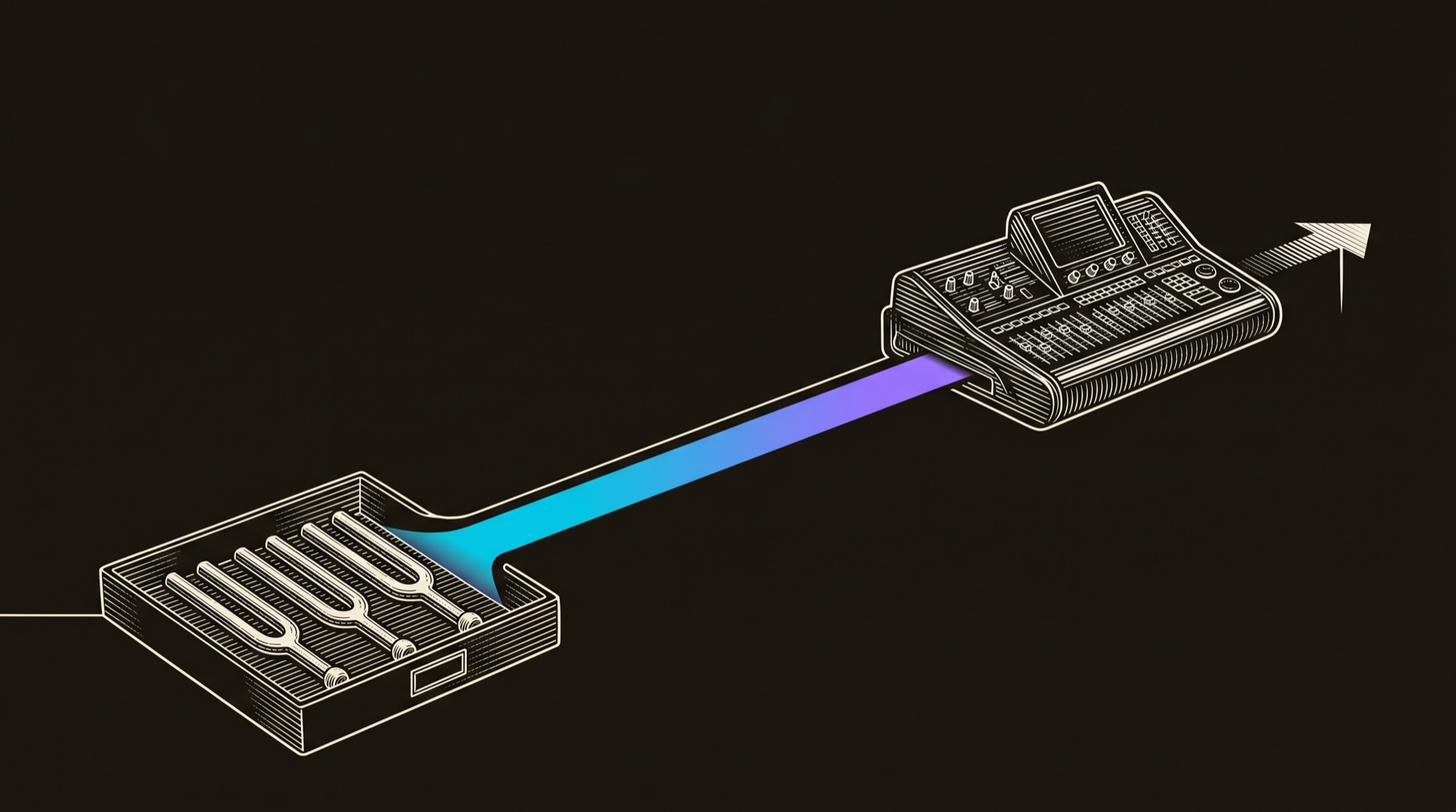 Line-engraving of three archived award tuning forks feeding one cyan-to-violet signal into a graph8 orchestration console and an outbound pipeline marker.