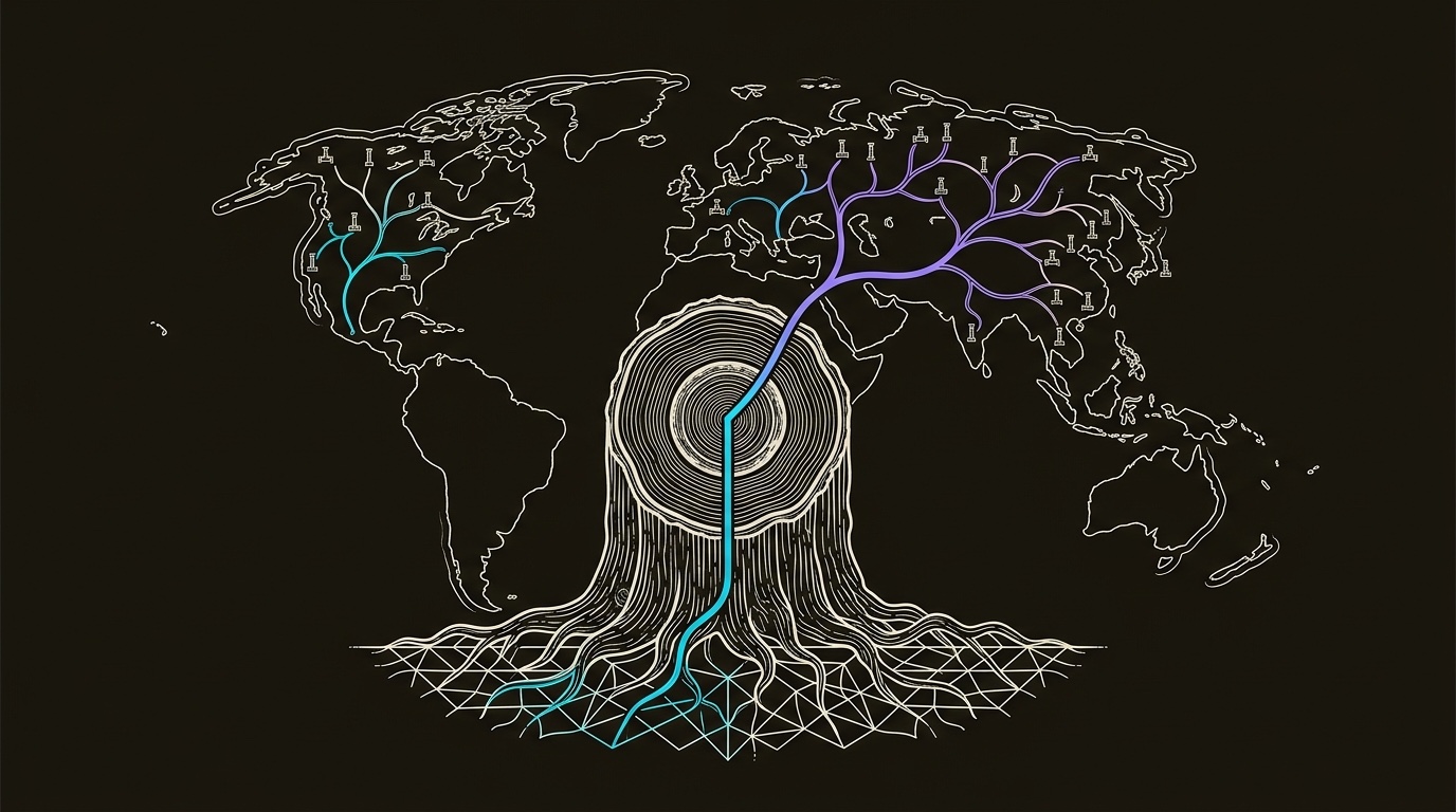 Line-engraving of the redwood system complete: a cyan-to-violet growth line runs from California roots through a global canopy map, with small pipeline markers at the branch ends.