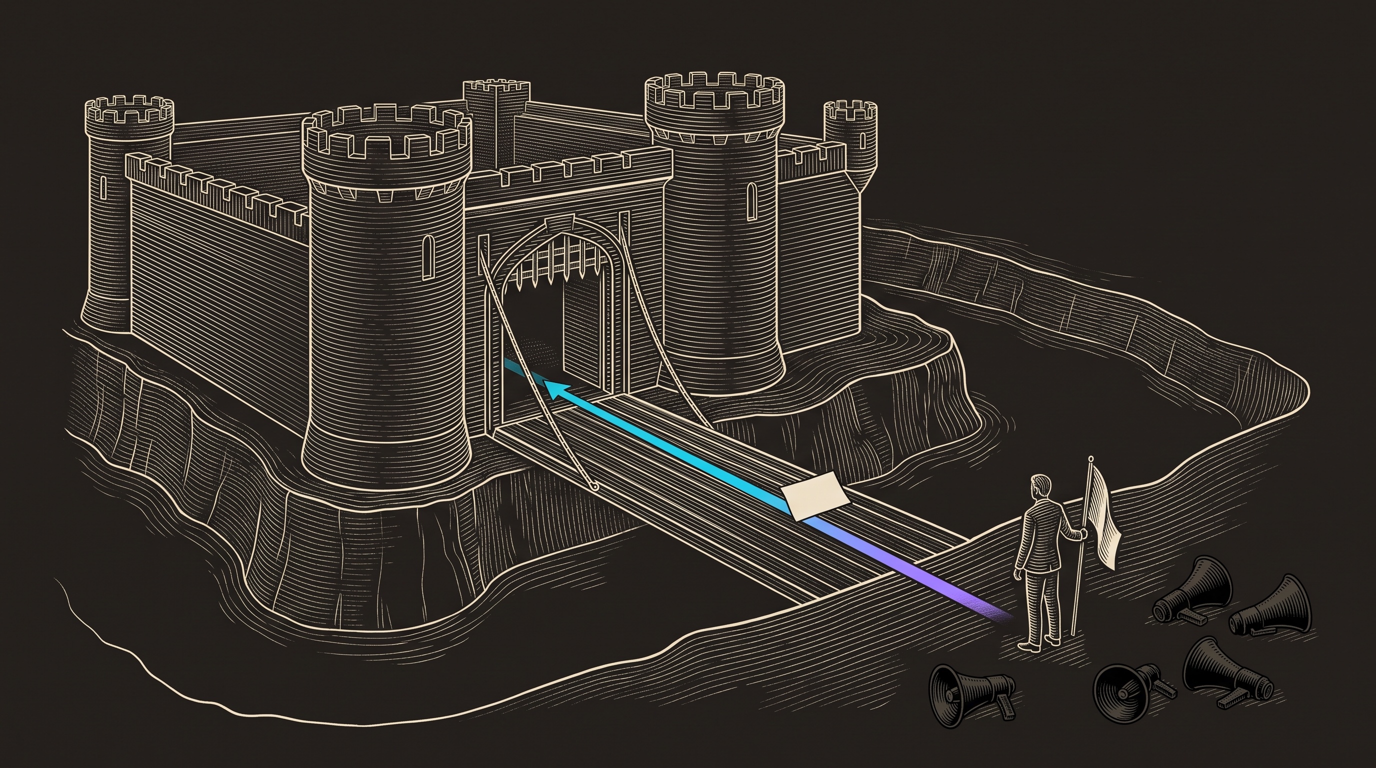 Line-engraving of the guarded inbox fortress with its drawbridge lowered and a blank reply slip crossing back on a cyan-to-violet signal thread.