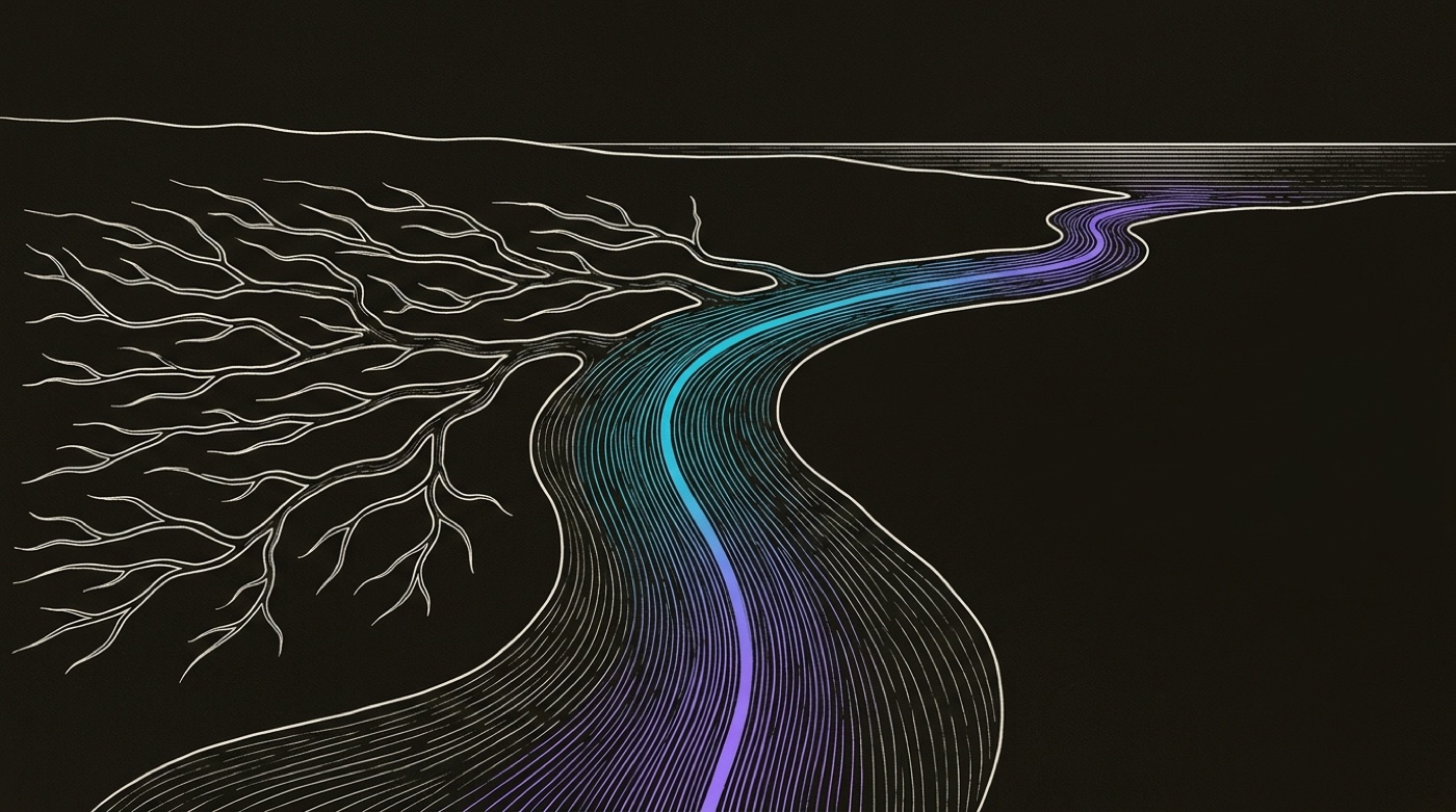 Line-engraving of the tributaries fully merged into one broad river flowing to the open sea, a steady gradient current down its center: the unified customer view.