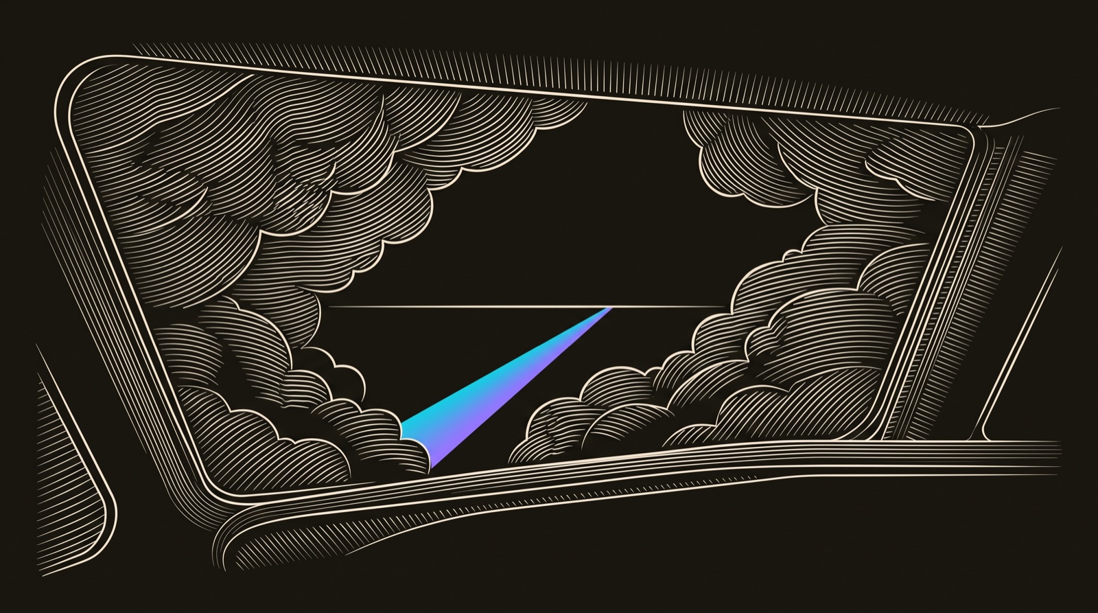 Line-engraving of the view forward through a cockpit windscreen, the clouds breaking open into clear sky on a single gradient heading line: the strategy on course, proven by the numbers.