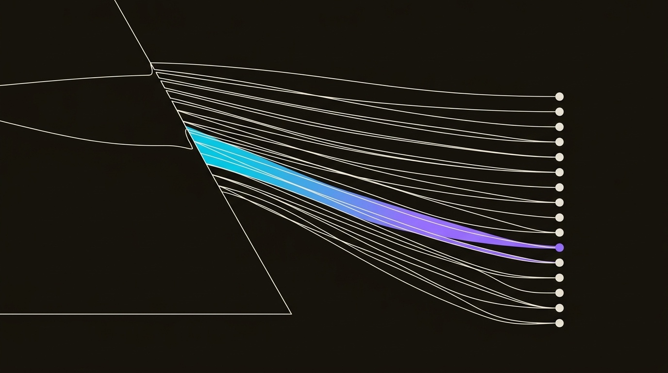 Line-engraving of the separated spectrum landing on its own row of precise targets, one gradient band striking dead center: every segment reaching the buyer it was built for.