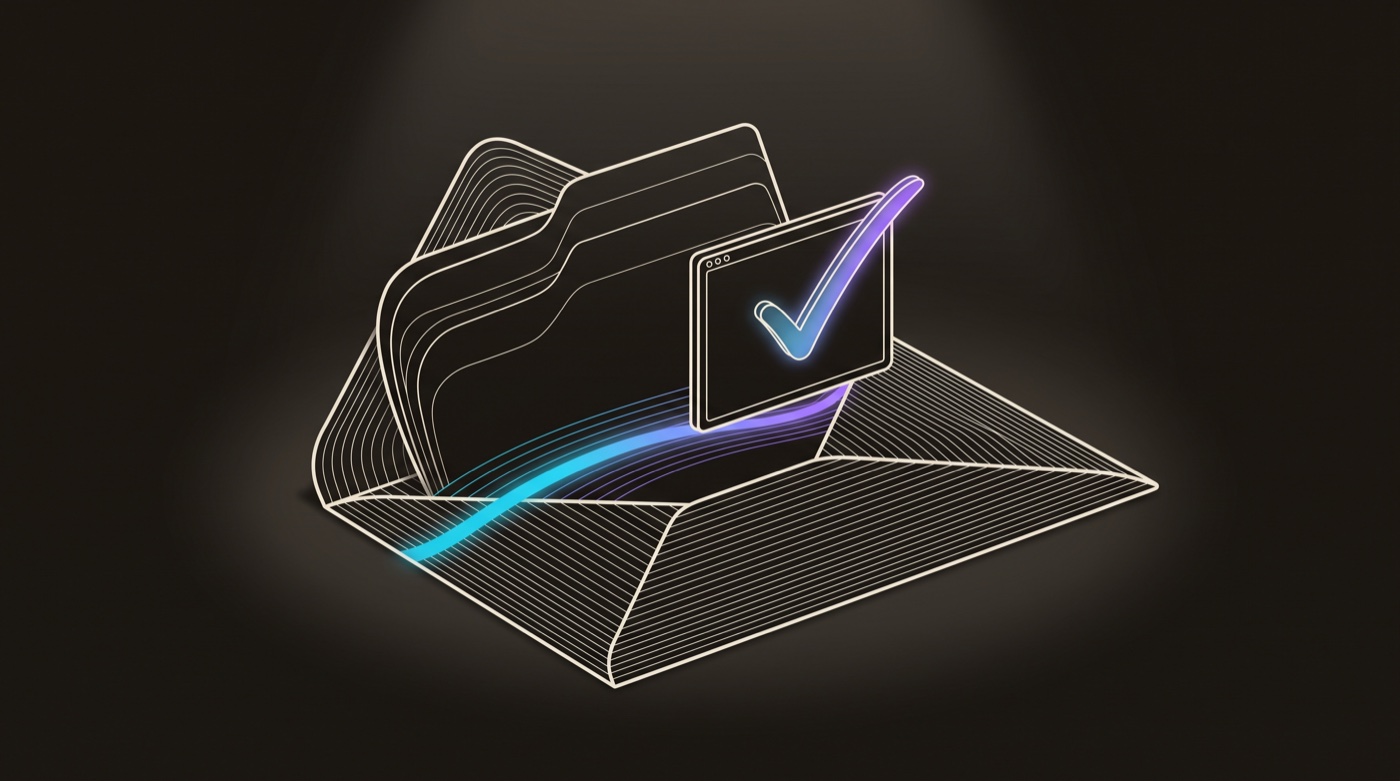 Line-engraving of an opened mailer with a personalized landing page rising from it, the gradient signal running through to a booked-meeting checkmark: the loop closed.
