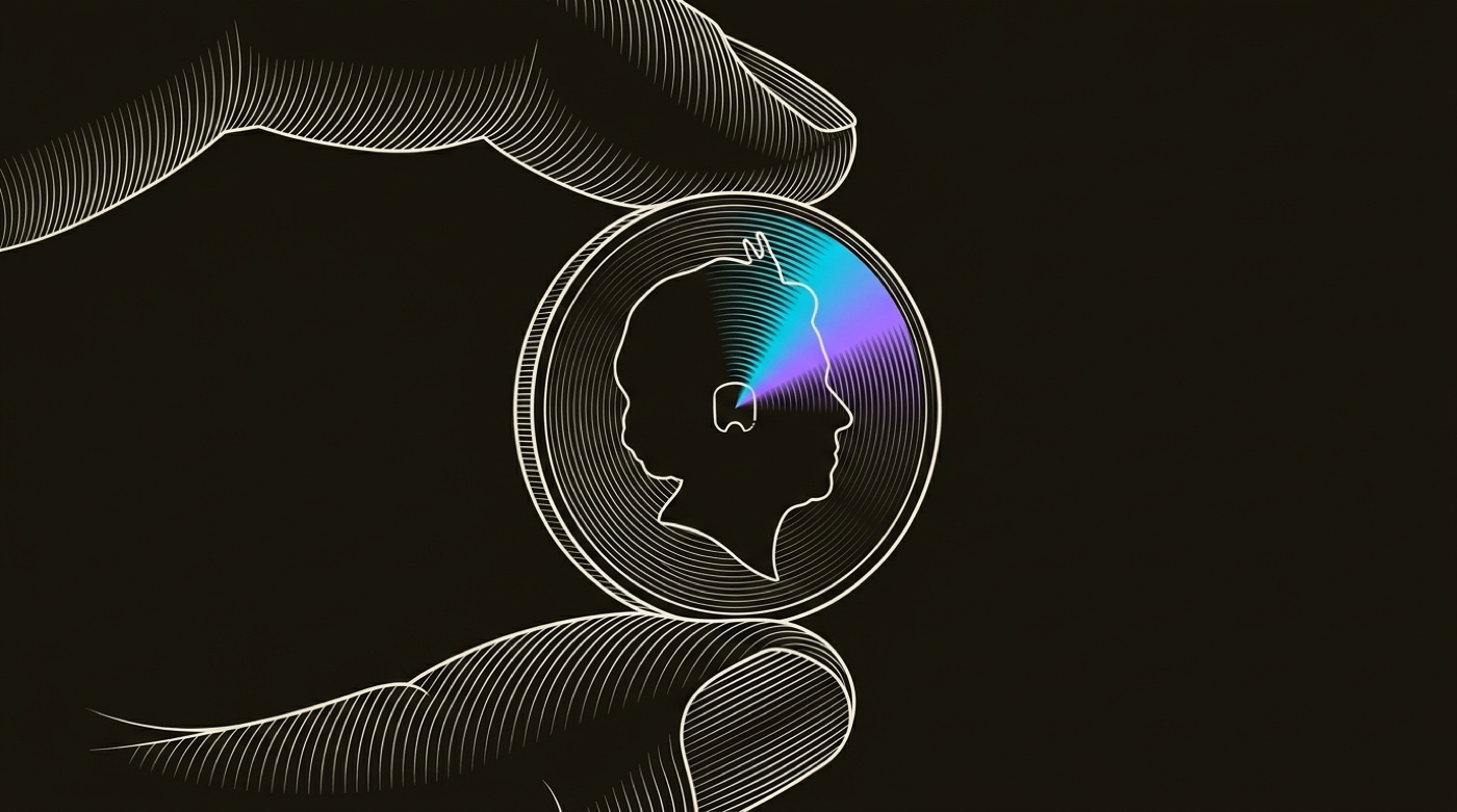 Line-engraving of one finished, hallmarked coin held between fingertips, gradient light radiating from the struck mark: the validated record, put to work.