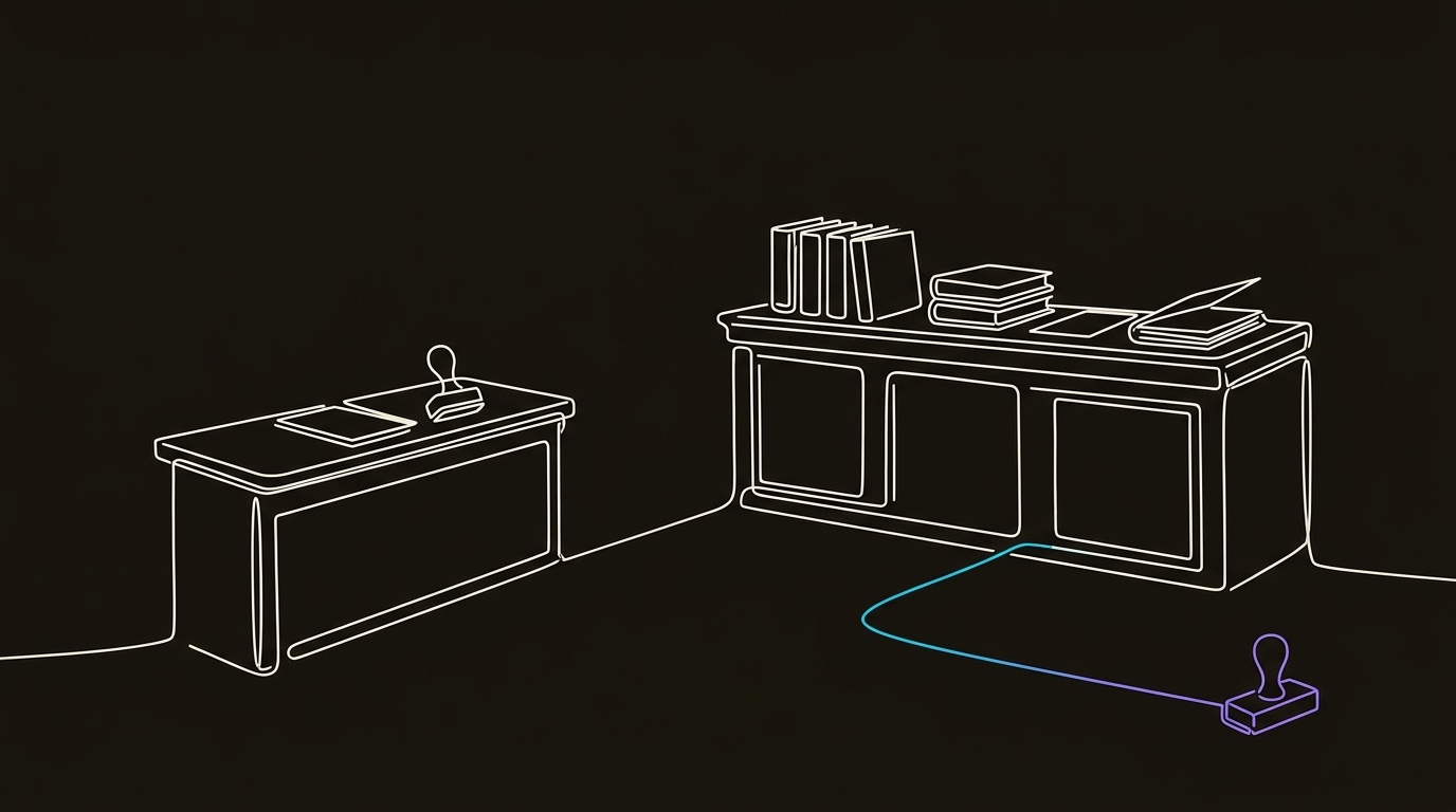 Line-engraving of the procurement docket completed: the SMB stamp closed, enterprise binders aligned into one signed approval folder, and a cyan-to-violet signal leaving toward a booked meeting marker.