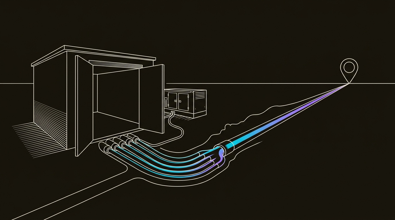 Line-engraving of the recession storm shelter after the market storm has passed, doors open and five conduits locked into one bright outbound pipeline path toward a meeting marker.