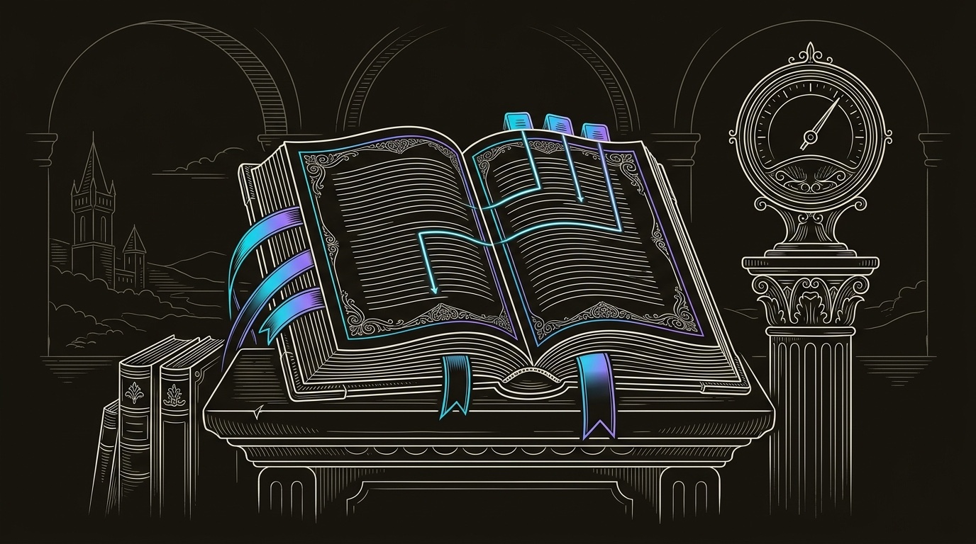 Line-engraving of the central domain monograph open and complete, external citation ribbons seated in its margins and clean internal footnote paths lighting smaller page tabs beside a rising authority gauge.