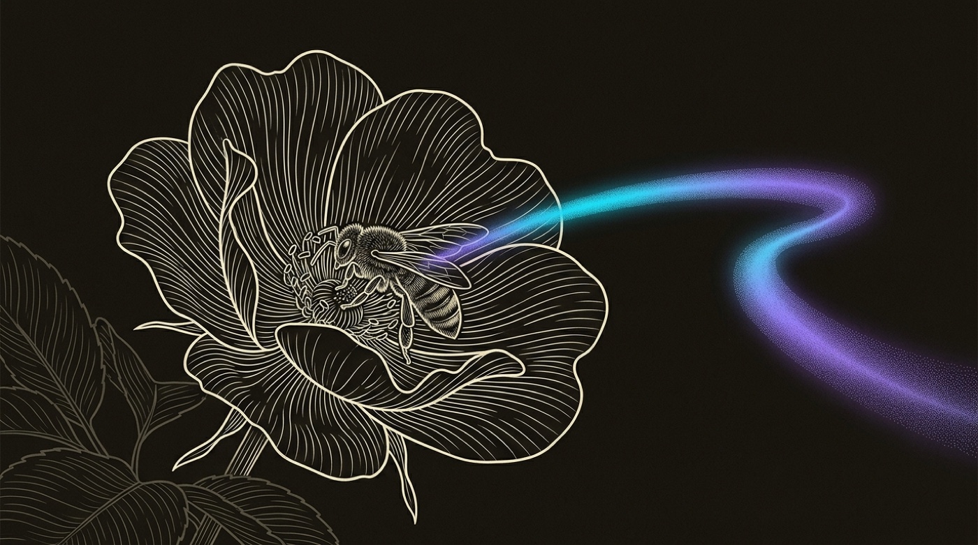 Line-engraving close on one bee settled on a single open flower, a gradient pollen trail arcing to it and the rest of the garden quiet behind: the visitor found you and converted.