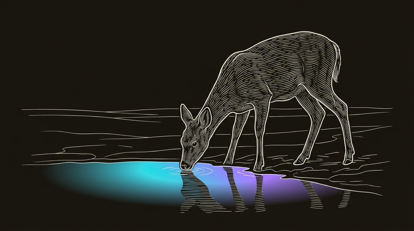 Line-engraving close on one animal lowering its head to drink at the edge of the oasis pool, the gradient reflection still on the water: the buyer arrived on their own timing.